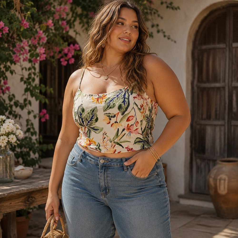 H&M Linen Blend Floral Crop Cami Top Sz XXL Smocked Resort Cottage Boho Tropical